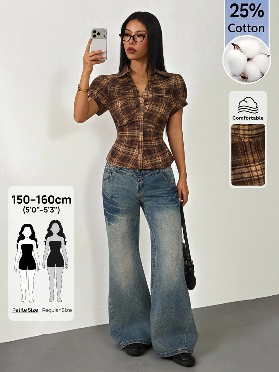 SHEIN PETITE Kemeja Lengan Pendek Wanita Kasual Motif Kotak-kotak dengan Kancing Depan dan Pinggang Berkerut, Musim Panas, Atasan Musim Panas - Coklat - View 1