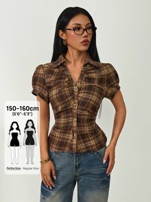SHEIN PETITE Kemeja Lengan Pendek Wanita Kasual Motif Kotak-kotak dengan Kancing Depan dan Pinggang Berkerut, Musim Panas, Atasan Musim Panas - Coklat - View 2