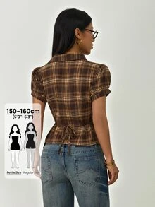 SHEIN PETITE Kemeja Lengan Pendek Wanita Kasual Motif Kotak-kotak dengan Kancing Depan dan Pinggang Berkerut, Musim Panas, Atasan Musim Panas - Coklat - View 8