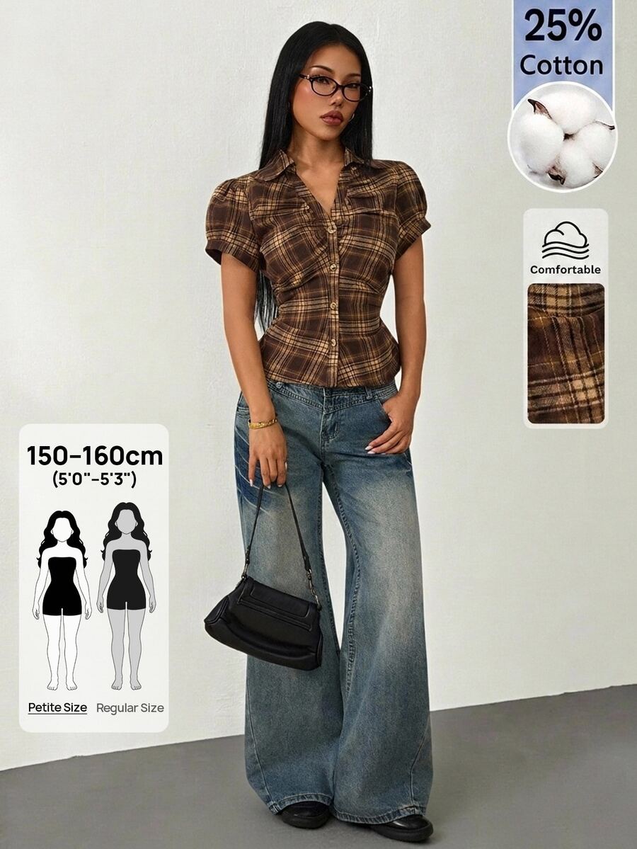 SHEIN PETITE Women's Casual Plaid Front Button Ruched Waist Short Sleeve Shirt, Summer,Summer Top - Brown - View 1