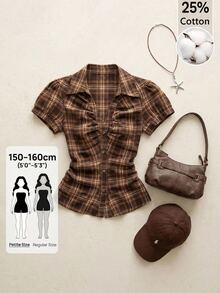 SHEIN PETITE Kemeja Lengan Pendek Wanita Kasual Motif Kotak-kotak dengan Kancing Depan dan Pinggang Berkerut, Musim Panas, Atasan Musim Panas - Coklat - View 10