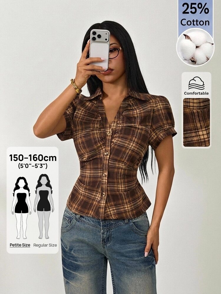 SHEIN PETITE 女款休閒格紋前開扣抓皺腰短袖襯衫，夏季上衣 - 棕色 - 查看 4