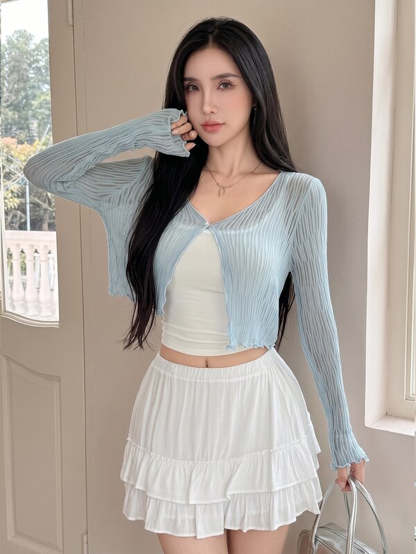 Tideelle Baju Pelindung Matahari Ringan untuk Wanita, Model Longgar dan Ramping, Warna Hijau Mint, dengan Hiasan Rumbai dan Lubang di Bagian Bawah, Lengan Panjang, dan Gaya Musim Panas.