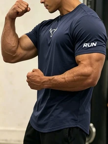 GymBeat 男士極簡印花圓領短袖運動T恤，健身、度假 - 藏蓝色 - 查看 7