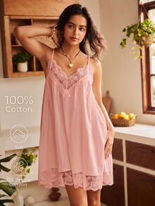 Lullawish Gaun Tidur Wanita Bohemian Katun Murni dengan Tali Bahu Tipis - Berwarna merah muda - View 1