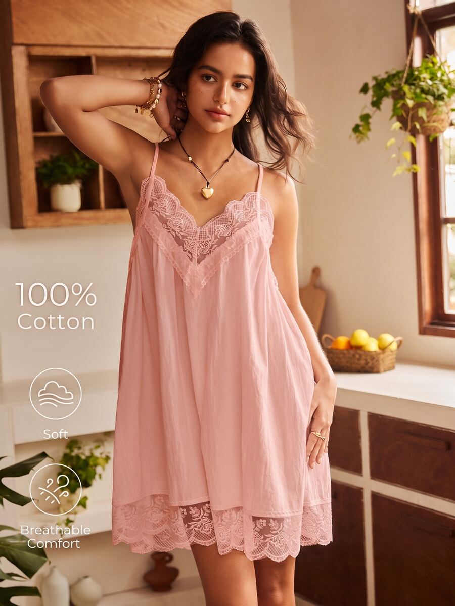 Lullawish Gaun Tidur Wanita Bohemian Katun Murni dengan Tali Bahu Tipis - Berwarna merah muda - View 1