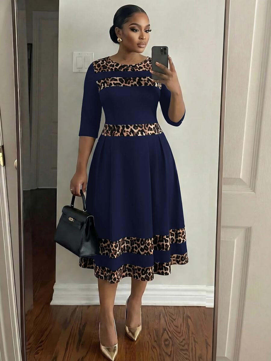 SHEIN Lady CURVE 大尺碼女款豹紋拼接色塊休閒優雅商務休閒秋季旅行洋裝,適合辦公室、早午餐、正式約會,海軍藍秋季款 - 藏蓝色 - 查看 1