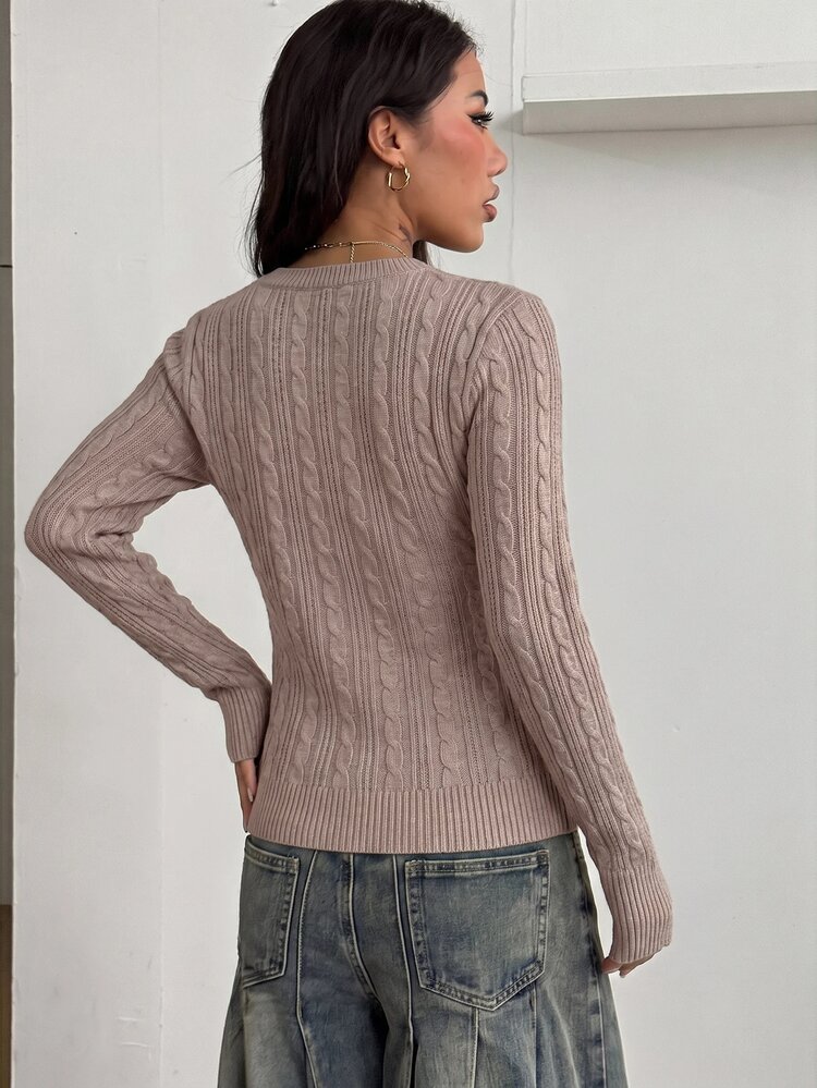 Coolane Women's Cable Knit V-Neck Long Sleeve Fitted Casual Sweater - Mocha Brown - View 2