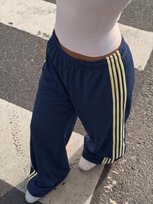 Muchica 女款新款皇家藍紋理針織對比色織帶拼接休閒寬鬆運動長褲 - 寶藍色 - 查看 5