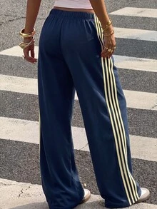 Muchica 女款新款皇家藍紋理針織對比色織帶拼接休閒寬鬆運動長褲 - 寶藍色 - 查看 2