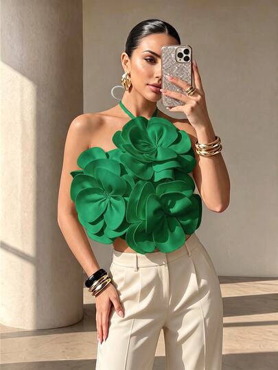 Chiquease Women's Elegant Valentine's Day Lace Up Tie Neck Sleeveless Slim Fit Textured Crop Top With Floral Decor
