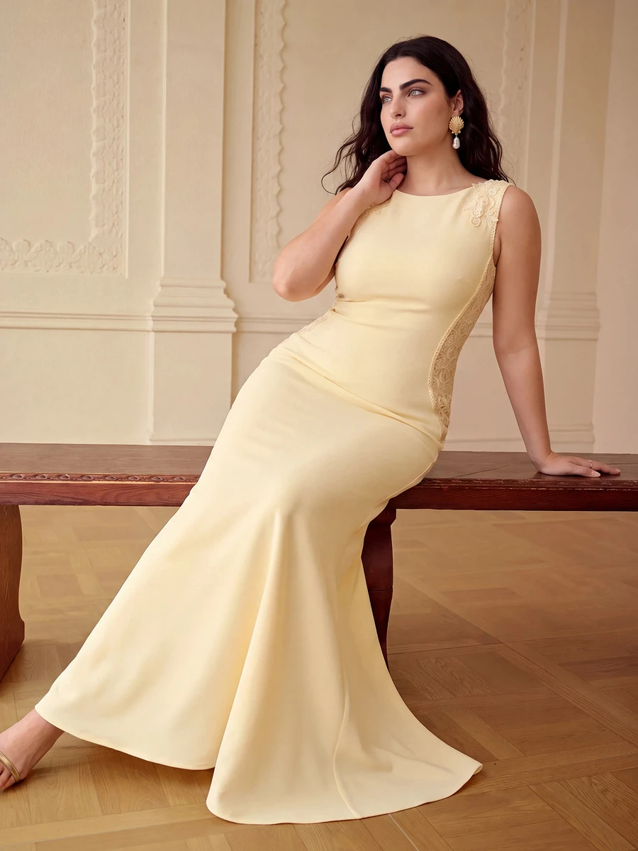 ZEYLAH Sleeveless Contrast Lace Maxi Fish Tail Dress, Spring/Summer - Yellow - View 1