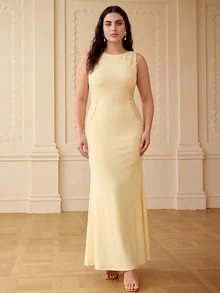ZEYLAH Sleeveless Contrast Lace Maxi Fish Tail Dress, Spring/Summer - Yellow - View 6