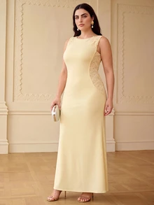 ZEYLAH Sleeveless Contrast Lace Maxi Fish Tail Dress, Spring/Summer - Yellow - View 5