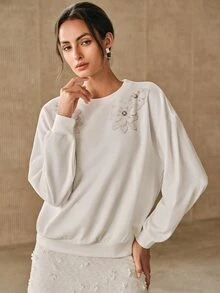 Anewsta 女款時尚花卉印花圓領長袖運動衫休閒度假風 - 白色 - 查看 4
