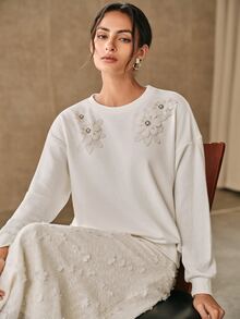 Anewsta 女款時尚花卉印花圓領長袖運動衫休閒度假風 - 白色 - 查看 7
