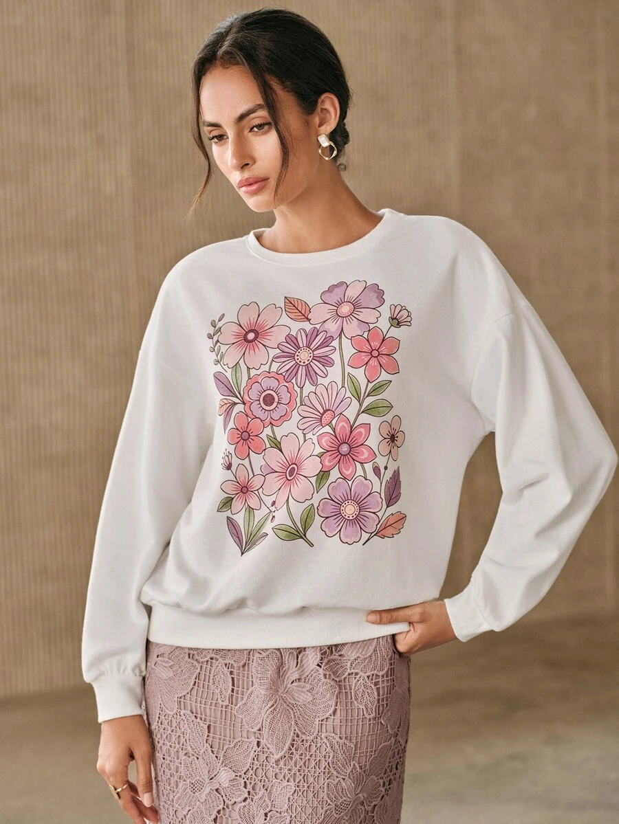 Anewsta Women's Floral Print Round Neck Dropped Shoulder Long Sleeve Casual Sweatshirt - White - View 1