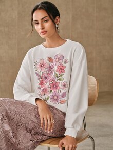 Anewsta 女款花卉印花圓領落肩長袖休閒運動衫 - 白色 - 查看 7