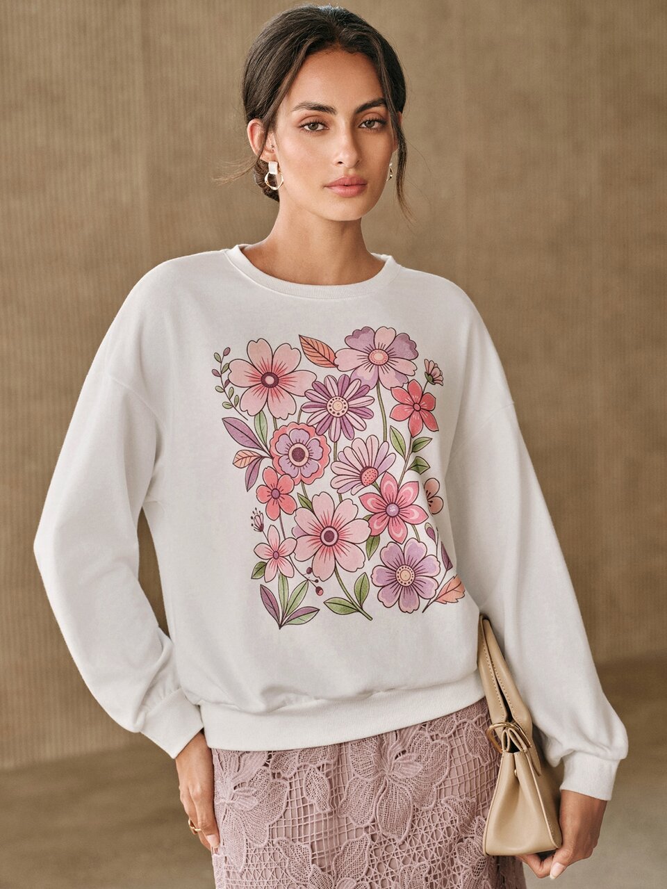 Anewsta Women's Floral Print Round Neck Dropped Shoulder Long Sleeve Casual Romantic Sweatshirt Brunch White Floral Autumn