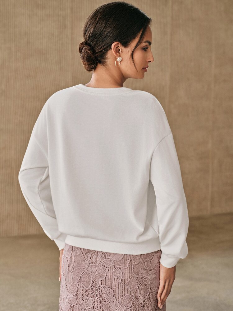 Anewsta Women's Floral Print Round Neck Dropped Shoulder Long Sleeve Casual Sweatshirt - White - View 3