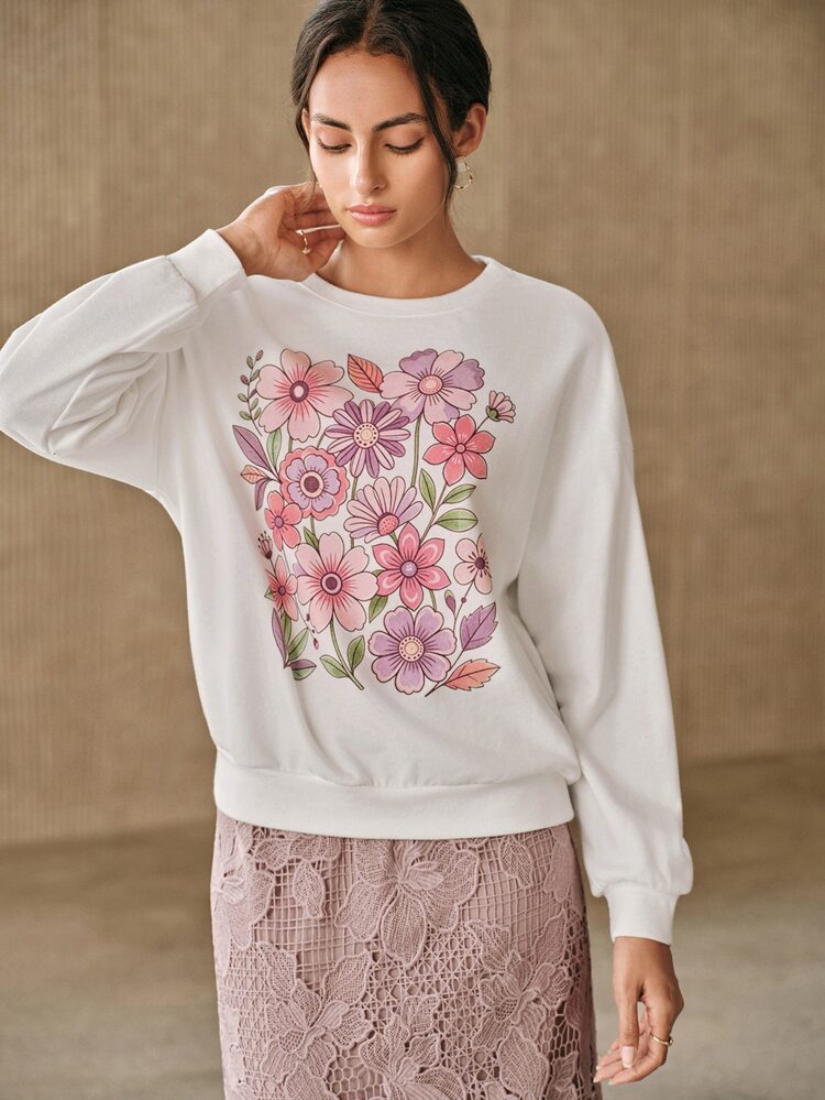Anewsta Women's Floral Print Round Neck Dropped Shoulder Long Sleeve Casual Sweatshirt - White - View 4