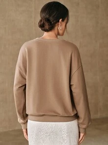 Anewsta 女款秋季休閒花卉刺繡運動衫 - 卡其色 - 查看 2