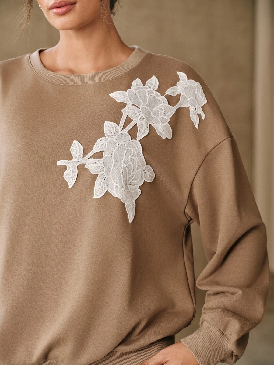 Anewsta Women's Autumn Casual Floral Embroidered Sweatshirt - Khaki - View 1