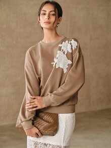 Anewsta 女款秋季休閒花卉刺繡運動衫 - 卡其色 - 查看 6
