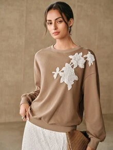 Anewsta 女款秋季休閒花卉刺繡運動衫 - 卡其色 - 查看 7