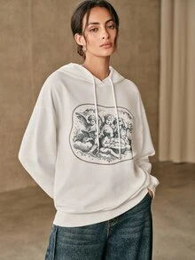 Anewsta Women's Loose Fit Dropped Shoulder Long Sleeve Hooded Sweatshirt With Back Print And Drawstring - White - View 3