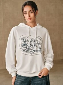 Anewsta Women's Loose Fit Dropped Shoulder Long Sleeve Hooded Sweatshirt With Back Print And Drawstring - White - View 4