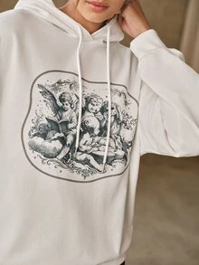 Anewsta Women's Loose Fit Dropped Shoulder Long Sleeve Hooded Sweatshirt With Back Print And Drawstring - White - View 5