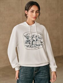 Anewsta Women's Loose Fit Dropped Shoulder Long Sleeve Hooded Sweatshirt With Back Print And Drawstring - White - View 7