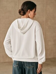 Anewsta Women's Loose Fit Dropped Shoulder Long Sleeve Hooded Sweatshirt With Back Print And Drawstring - White - View 2