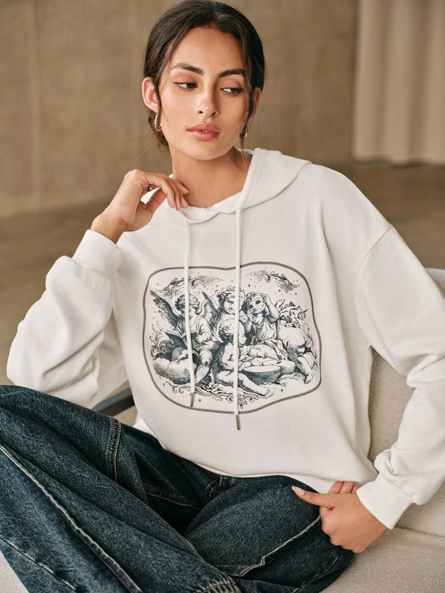 Anewsta Women's Loose Fit Dropped Shoulder Long Sleeve Hooded Sweatshirt With Back Print And Drawstring - White - View 1
