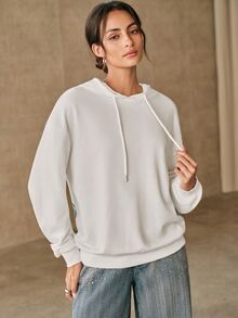 Anewsta 女款圖案落肩長袖休閒抽繩連帽衛衣 - 白色 - 查看 6