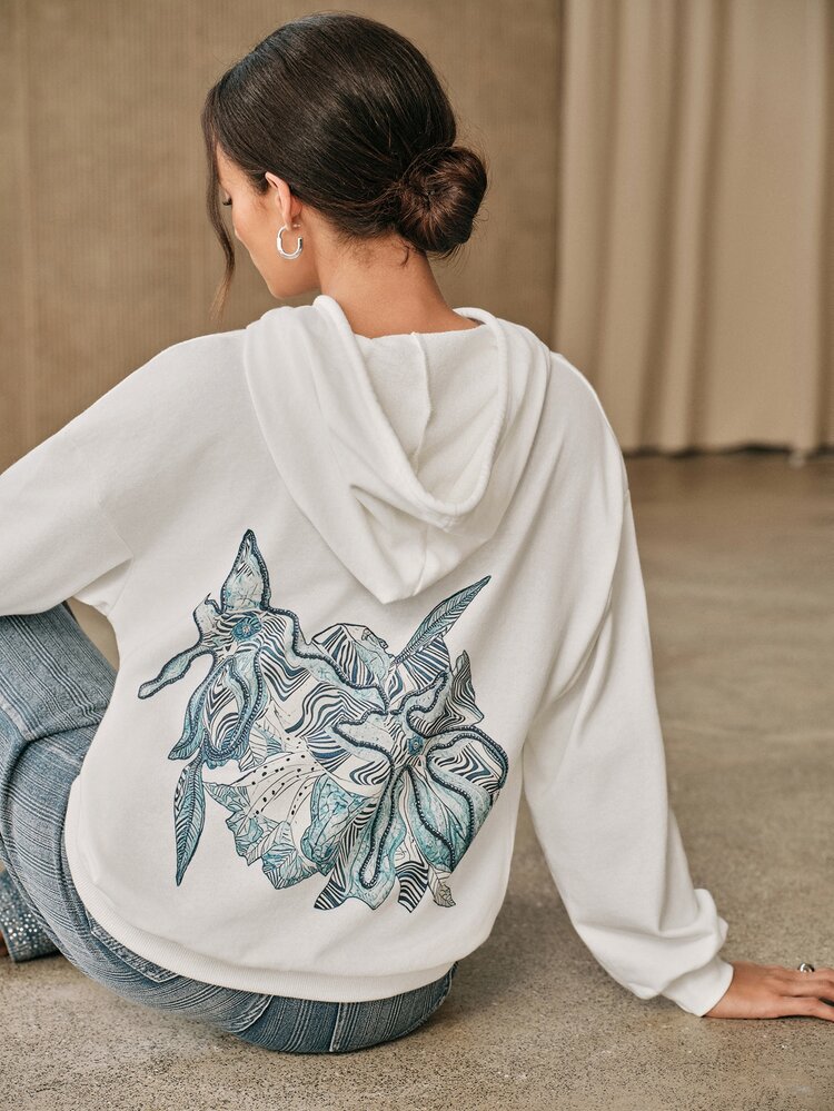 Anewsta Women's Patterned Drop Shoulder Long Sleeve Casual Drawstring Hooded Sweatshirt - White - View 7