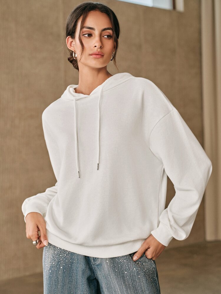 Anewsta Women's Patterned Drop Shoulder Long Sleeve Casual Drawstring Hooded Sweatshirt - White - View 2