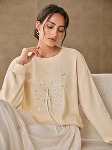 Anewsta 女款精緻時尚刺繡亮片蝴蝶造型長袖運動衫 - 杏色 - 查看 7