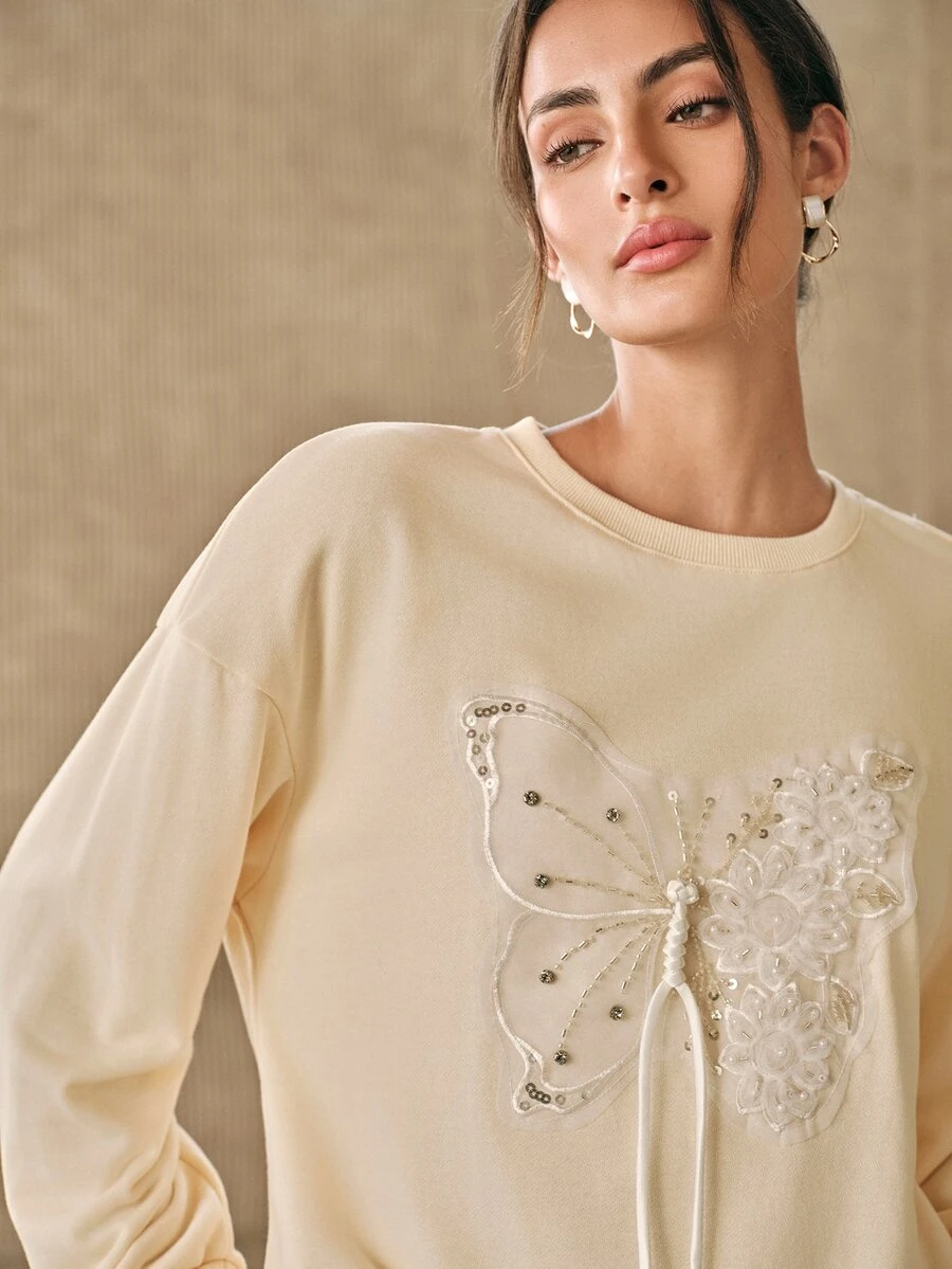 Anewsta Women's Exquisite Fashion Embroidered Sequin Butterfly Shape Long Sleeve Sweatshirt - Apricot - View 1