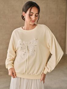 Anewsta 女款精緻時尚刺繡亮片蝴蝶造型長袖運動衫 - 杏色 - 查看 4