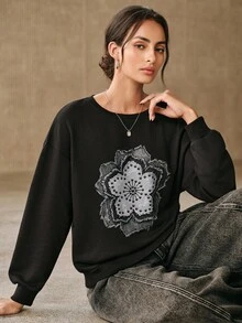 Anewsta 女款花卉印花圓領落肩長袖寬鬆衛衣 - 黑色 - 查看 7