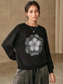 Anewsta 女款花卉印花圓領落肩長袖寬鬆衛衣 - 黑色 - 查看 6