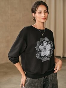 Anewsta 女款花卉印花圓領落肩長袖寬鬆衛衣 - 黑色 - 查看 2
