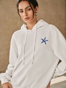Anewsta 女款休閒貝殼印花連帽衛衣，秋冬款 - 白色 - 查看 4
