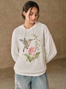 Anewsta Sweatshirt Berkerudung Lengan Panjang dengan Dekorasi Mutiara Imitasi Gaya Jalanan untuk Wanita - Putih - View 4