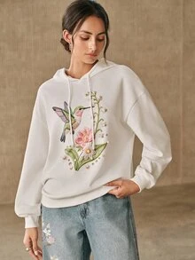Anewsta Sweatshirt Berkerudung Lengan Panjang dengan Dekorasi Mutiara Imitasi Gaya Jalanan untuk Wanita - Putih - View 5