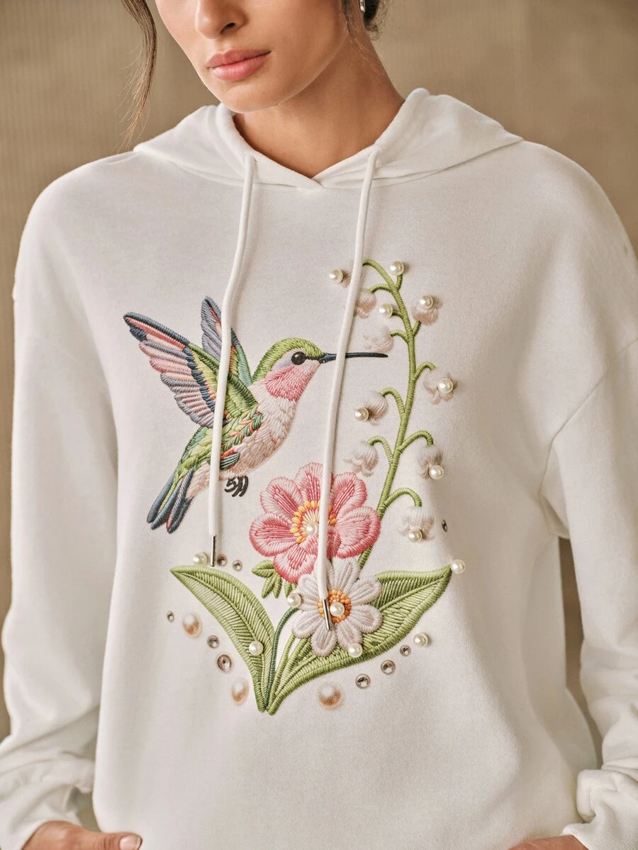 Anewsta Women's Fashion Street Faux Pearl Decor Long Sleeve Hooded Sweatshirt - White - View 1