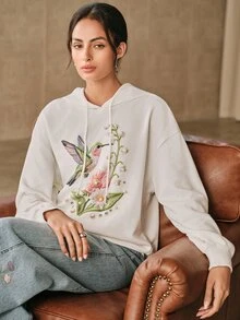 Anewsta Sweatshirt Berkerudung Lengan Panjang dengan Dekorasi Mutiara Imitasi Gaya Jalanan untuk Wanita - Putih - View 2