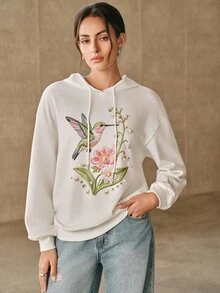 Anewsta Sweatshirt Berkerudung Lengan Panjang dengan Dekorasi Mutiara Imitasi Gaya Jalanan untuk Wanita - Putih - View 1